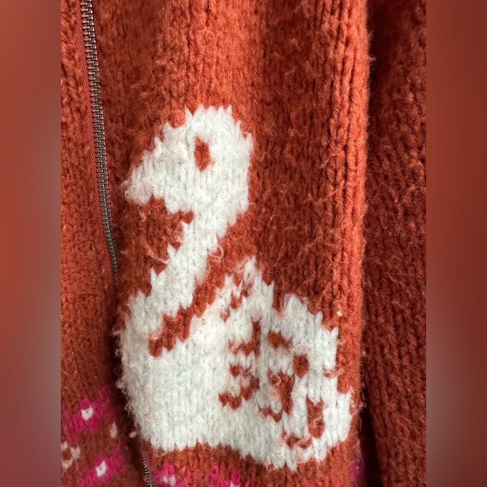 Anthropologie Maeve Rust Orange Knit Cardigan with Swans - Picture 6 of 6